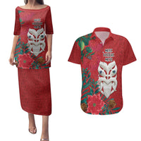 Maori Wheku Meri Kirihimete Personalised Couples Matching Puletasi and Hawaiian Shirt All Red Indigenous Maori Motif - Polynesian Pride