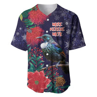 Tui Meri Kirihimete Personalised Baseball Jersey Pohutukawa Flowers Blue Motif - Polynesian Pride