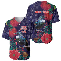 Tui Meri Kirihimete Personalised Baseball Jersey Pohutukawa Flowers Blue Motif - Polynesian Pride