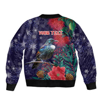 Tui Meri Kirihimete Personalised Bomber Jacket Pohutukawa Flowers Blue Motif - Polynesian Pride