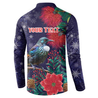 Tui Meri Kirihimete Personalised Button Sweatshirt Pohutukawa Flowers Blue Motif LT9 - Polynesian Pride