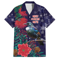 Tui Meri Kirihimete Personalised Family Matching Off The Shoulder Long Sleeve Dress and Hawaiian Shirt Pohutukawa Flowers Blue Motif - Polynesian Pride