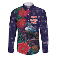 Tui Meri Kirihimete Personalised Family Matching Off The Shoulder Long Sleeve Dress and Hawaiian Shirt Pohutukawa Flowers Blue Motif - Polynesian Pride
