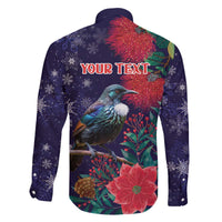 Tui Meri Kirihimete Personalised Family Matching Off The Shoulder Long Sleeve Dress and Hawaiian Shirt Pohutukawa Flowers Blue Motif - Polynesian Pride