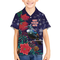 Tui Meri Kirihimete Personalised Family Matching Off The Shoulder Long Sleeve Dress and Hawaiian Shirt Pohutukawa Flowers Blue Motif - Polynesian Pride