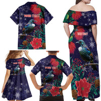 Tui Meri Kirihimete Personalised Family Matching Off Shoulder Maxi Dress and Hawaiian Shirt Pohutukawa Flowers Blue Motif - Polynesian Pride