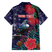 Tui Meri Kirihimete Personalised Family Matching Off Shoulder Short Dress and Hawaiian Shirt Pohutukawa Flowers Blue Motif - Polynesian Pride