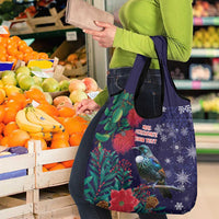 Tui Meri Kirihimete Personalised Grocery Bag Pohutukawa Flowers Blue Motif - Polynesian Pride