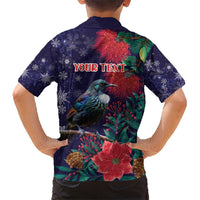 Tui Meri Kirihimete Personalised Kid Hawaiian Shirt Pohutukawa Flowers Blue Motif - Polynesian Pride
