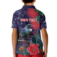 Tui Meri Kirihimete Personalised Kid Polo Shirt Pohutukawa Flowers Blue Motif - Polynesian Pride