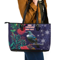 Tui Meri Kirihimete Personalised Leather Tote Bag Pohutukawa Flowers Blue Motif LT9 - Polynesian Pride