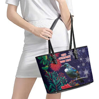 Tui Meri Kirihimete Personalised Leather Tote Bag Pohutukawa Flowers Blue Motif LT9 - Polynesian Pride