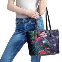 Tui Meri Kirihimete Personalised Leather Tote Bag Pohutukawa Flowers Blue Motif LT9 - Polynesian Pride