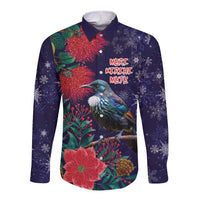 Tui Meri Kirihimete Personalised Long Sleeve Button Shirt Pohutukawa Flowers Blue Motif LT9 Unisex Blue - Polynesian Pride