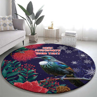 Tui Meri Kirihimete Personalised Round Carpet Pohutukawa Flowers Blue Motif - Polynesian Pride