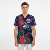 Tui Meri Kirihimete Personalised Scrub Top Pohutukawa Flowers Blue Motif LT9 - Polynesian Pride