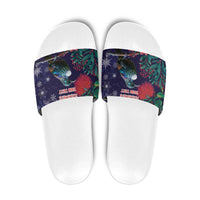 Tui Meri Kirihimete Personalised Slide Sandals Pohutukawa Flowers Blue Motif LT9 Blue - Polynesian Pride