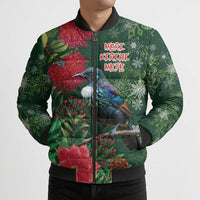 Tui Meri Kirihimete Personalised Bomber Puffer Jacket Pohutukawa Flowers Green Motif LT9 - Polynesian Pride