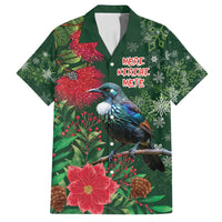 Tui Meri Kirihimete Personalised Family Matching Long Sleeve Bodycon Dress and Hawaiian Shirt Pohutukawa Flowers Green Motif - Polynesian Pride