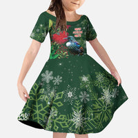 Tui Meri Kirihimete Personalised Family Matching Mermaid Dress and Hawaiian Shirt Pohutukawa Flowers Green Motif - Polynesian Pride