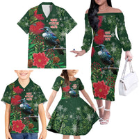 Tui Meri Kirihimete Personalised Family Matching Off The Shoulder Long Sleeve Dress and Hawaiian Shirt Pohutukawa Flowers Green Motif - Polynesian Pride