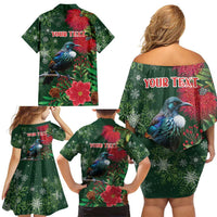 Tui Meri Kirihimete Personalised Family Matching Off Shoulder Short Dress and Hawaiian Shirt Pohutukawa Flowers Green Motif - Polynesian Pride