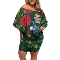 Tui Meri Kirihimete Personalised Family Matching Off Shoulder Short Dress and Hawaiian Shirt Pohutukawa Flowers Green Motif - Polynesian Pride