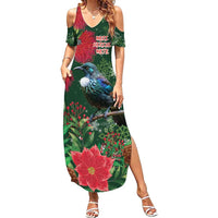 Tui Meri Kirihimete Personalised Family Matching Summer Maxi Dress and Hawaiian Shirt Pohutukawa Flowers Green Motif - Polynesian Pride