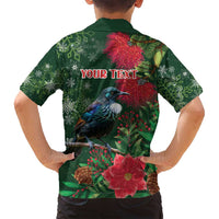 Tui Meri Kirihimete Personalised Family Matching Tank Maxi Dress and Hawaiian Shirt Pohutukawa Flowers Green Motif - Polynesian Pride