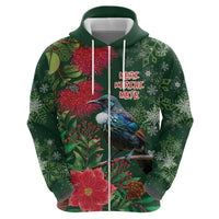 Tui Meri Kirihimete Personalised Hoodie Pohutukawa Flowers Green Motif - Polynesian Pride
