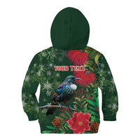 Tui Meri Kirihimete Personalised Kid Hoodie Pohutukawa Flowers Green Motif - Polynesian Pride
