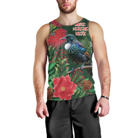 Tui Meri Kirihimete Personalised Men Tank Top Pohutukawa Flowers Green Motif - Polynesian Pride