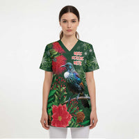 Tui Meri Kirihimete Personalised Scrub Top Pohutukawa Flowers Green Motif LT9 - Polynesian Pride