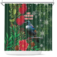 Tui Meri Kirihimete Personalised Shower Curtain Pohutukawa Flowers Green Motif - Polynesian Pride