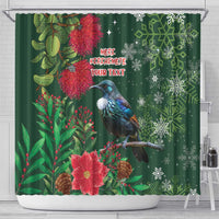 Tui Meri Kirihimete Personalised Shower Curtain Pohutukawa Flowers Green Motif - Polynesian Pride