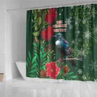 Tui Meri Kirihimete Personalised Shower Curtain Pohutukawa Flowers Green Motif - Polynesian Pride