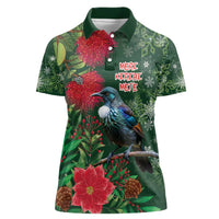 Tui Meri Kirihimete Personalised Women Polo Shirt Pohutukawa Flowers Green Motif - Polynesian Pride