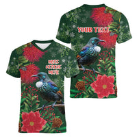 Tui Meri Kirihimete Personalised Women V-Neck T-Shirt Pohutukawa Flowers Green Motif - Polynesian Pride
