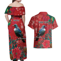 Tui Meri Kirihimete Personalised Couples Matching Off Shoulder Maxi Dress and Hawaiian Shirt Pohutukawa Flowers Red Motif - Polynesian Pride