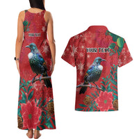 Tui Meri Kirihimete Personalised Couples Matching Tank Maxi Dress and Hawaiian Shirt Pohutukawa Flowers Red Motif - Polynesian Pride