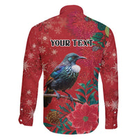 Tui Meri Kirihimete Personalised Family Matching Long Sleeve Bodycon Dress and Hawaiian Shirt Pohutukawa Flowers Red Motif - Polynesian Pride