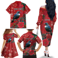 Tui Meri Kirihimete Personalised Family Matching Off The Shoulder Long Sleeve Dress and Hawaiian Shirt Pohutukawa Flowers Red Motif - Polynesian Pride