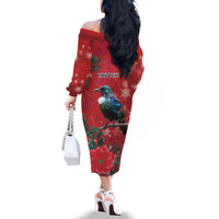 Tui Meri Kirihimete Personalised Family Matching Off The Shoulder Long Sleeve Dress and Hawaiian Shirt Pohutukawa Flowers Red Motif - Polynesian Pride