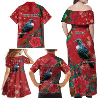 Tui Meri Kirihimete Personalised Family Matching Off Shoulder Maxi Dress and Hawaiian Shirt Pohutukawa Flowers Red Motif - Polynesian Pride