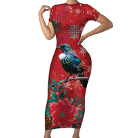 Tui Meri Kirihimete Personalised Family Matching Short Sleeve Bodycon Dress and Hawaiian Shirt Pohutukawa Flowers Red Motif - Polynesian Pride