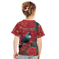 Tui Meri Kirihimete Personalised Kid T Shirt Pohutukawa Flowers Red Motif - Polynesian Pride