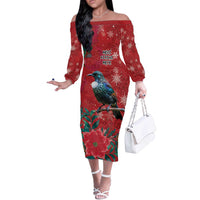 Tui Meri Kirihimete Personalised Off The Shoulder Long Sleeve Dress Pohutukawa Flowers Red Motif - Polynesian Pride