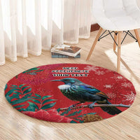 Tui Meri Kirihimete Personalised Round Carpet Pohutukawa Flowers Red Motif - Polynesian Pride