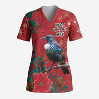 Tui Meri Kirihimete Personalised Scrub Top Pohutukawa Flowers Red Motif LT9 Adult Red - Polynesian Pride