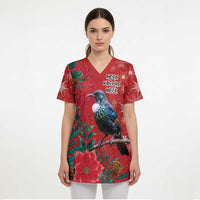 Tui Meri Kirihimete Personalised Scrub Top Pohutukawa Flowers Red Motif LT9 - Polynesian Pride
